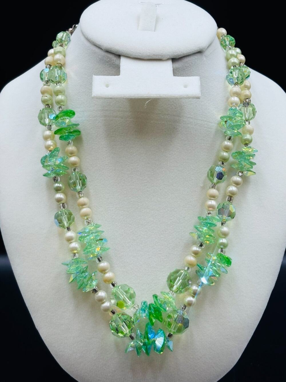 Vintage Green Czech Glass Necklace AB Crystal Faux Pearl Beads Some Uranium Bead